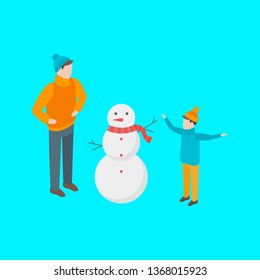 Families Spending Free Time 3d Isometric View Recreation Together. Vector illustration of People Make a Snowman