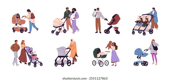 Families with strollers set. Happy parents walk with baby, push carriage. Mother strolls twins in tandem buggy. Moms and fathers with kids in pram outdoors. Flat isolated vector illustrations on white