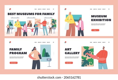Families Visit Museum Landing Page Template Set. Exhibition Visitors Parents with Kids Viewing Famous Paintings Hang on Walls at Contemporary Art Gallery Exhibit. Cartoon People Vector Illustration