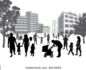 Families walking in the town. Lifestyle ,urban background.