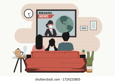 Families watching the news at home. Stay at home and catching up on news with tv.