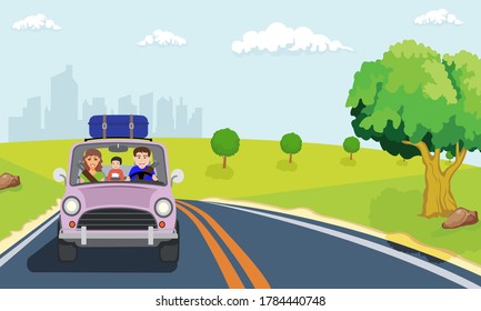 Families wear seat belts in the use of private cars to travel.  Drive out of the tourist city for a holiday. The atmosphere outside of the city is natural, with trees, fields and rocks on the side of 