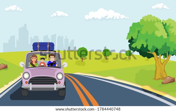 Families wear seat belts in the use of private cars to
travel.  Drive out of the tourist city for a holiday. The
atmosphere outside of the city is natural, with trees, fields and
rocks on the side of 