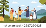 Families wearing costumes of native americans and pilgrims celebrating thanksgiving day flat vector illustration