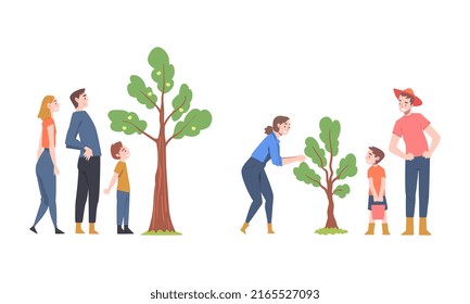 Familiy caring of trees in city park or garden cartoon vector illustration