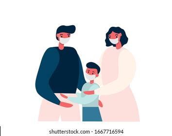 Familiy mother, father and son in facial masks to protect themselves from pollution and viruses. Flat vector illustration.