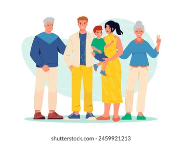 Familly generations concept. Grandmother and grandfather with mother and father with son. Good relations between members. Elderly persons, young man and woman, boy. Cartoon flat vector illustration