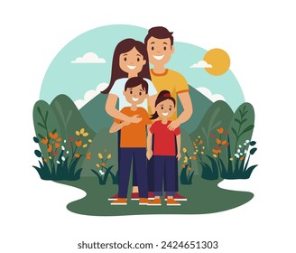 Familly outdoor in nature. Hugging. Son, mother and father. Happy, hiking, walking in a park. Simple flat design. White background. Isolated background.