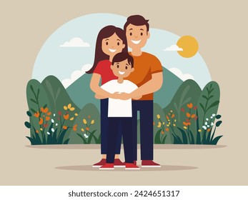 Familly outdoor in nature. Hugging. Son, mother and father. Happy, hiking, walking in a park. Simple flat design.