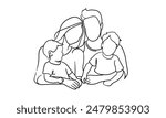 Family with 2 children continuous line art drawing isolated on white background. Mothers Day. Vector illustration