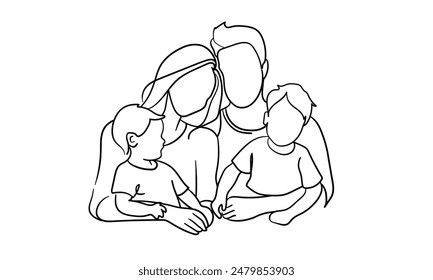 Family with 2 children continuous line art drawing isolated on white background. Mothers Day. Vector illustration