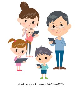 family 2 generations internet communication smartphone tablet gather
