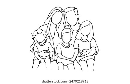 Family with 3 children continuous line art drawing isolated on white background. Mothers Day. Vector illustration