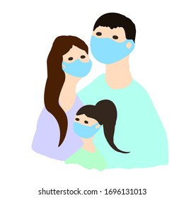 Family of 3 people. The unity of the family. People in protective medical masks. Security measures during the spread of flu and viruses. Vector illustration isolated on a white background.