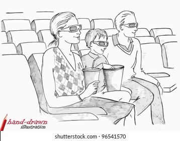 family in 3d cinema - hand-drawn illustration