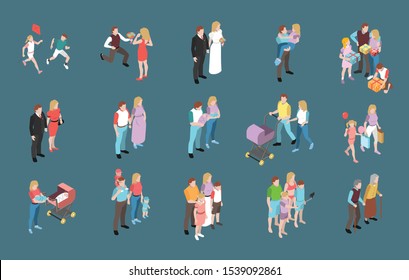 Family 3d isometric icons set with parents grandparents children teenagers adults isolated vector illustration