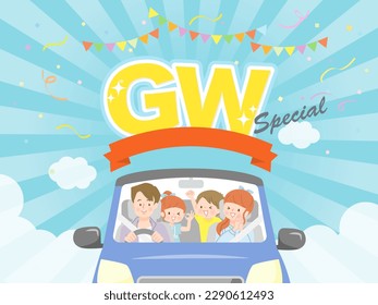 Family of 4 driving to GW vector illustration