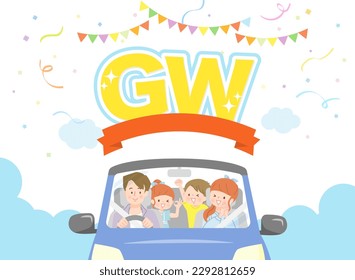 Family of 4 driving to GW vector illustration