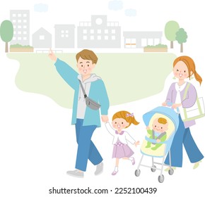 Family of 4 going out with baby in stroller