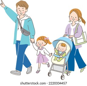 Family of 4 going shopping vector illustration