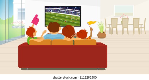 Family of 4 members sitting on a red sofa in their living room inside their house watching a soccer game on a large flat television during the day. Vector image