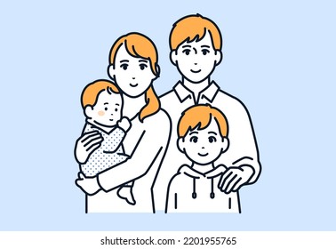 Family of 4: Vector illustration material of a young couple, a baby and a child