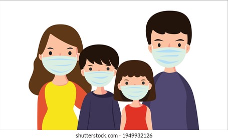 The family of 4 wears face masks to prevent disease outbreaks, air pollution