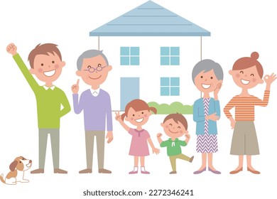 A family of 6 and a pet 1 who are happy in front of a new house