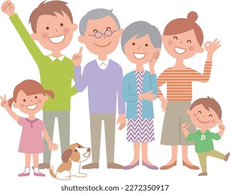 A family of 6 and pets lined up with cheerful expressions