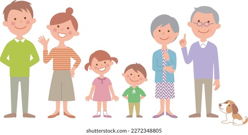 A family of 6 and their pet, lined up with friendly and calm expressions