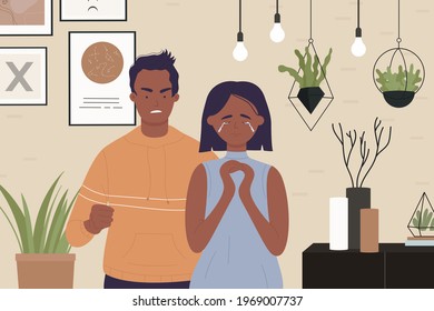 Family abuse. Couple, people quarrel or criticize. Vector illustration. Cartoon young angry husband screaming at wife, quarreling in anger, woman character crying, divorce conflict conversation background