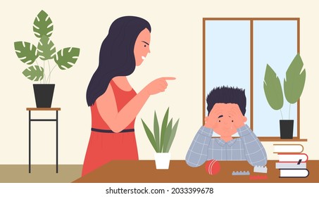 Family abuse violence, mother screaming unhappy crying kid son vector illustration. Cartoon angry woman parent character quarreling sad victim boy, sitting at table with toys and books background
