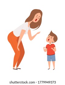 Family abuse. Woman son scream together. Family argue or quarrel. Isolated cartoon angry mother and boy vector characters