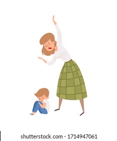 Family abusing behavior. Mother punish her son. Isolated angry woman and baby boy. Sad toddler vector illustration