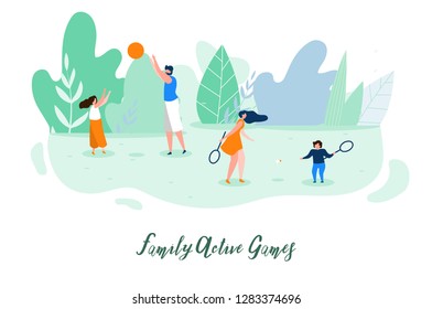 Família Ativo Jogos Flat Vector Banner ou Poster com Pais Jogando Bola e Badminton com Crianças no Prado Verde no Parque Ilustração. Atividade ao Ar Livre, Estilo de Vida Saudável, Conceito de Lazer