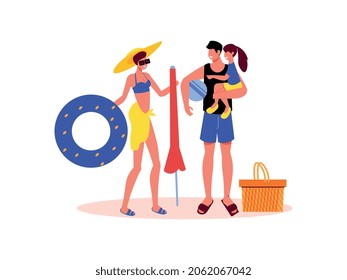 Composición de vacaciones activas familiares con personajes familiares con ilustración de vector de paraguas y anillo inflable
