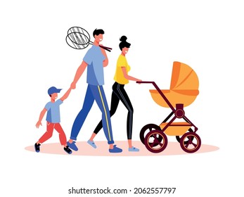 Family Active Holidays Composition With Characters Of Parents With Kids Tennis Rackets And Baby Stroller Vector Illustration