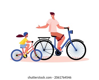 Family active holidays composition with father riding bicycle with daughter on small bike vector illustration
