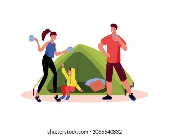Family active holidays composition with image of tent with parents and child vector illustration