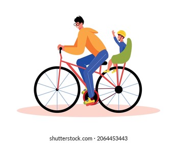 Family active holidays composition with man riding bicycle with baby in chair vector illustration