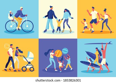 Family active holidays design concept with human characters of children and adults during various sport activities vector illustration