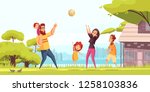 Family active holidays happy parents with kids during playing ball at summer outdoors cartoon vector illustration