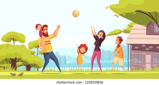 Family Active Holidays Happy Parents With Kids During Playing Ball At Summer Outdoors Cartoon Vector Illustration