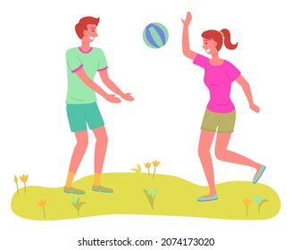 Family active holidays happy people have fun, man and woman during playing ball at summer, outdoors activities cartoon vector illustration. Persons jump and play toy ball outside on the green grass