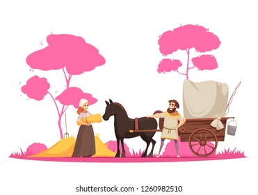 Family active holidays parents with kids during summer stroll on background of trees silhouettes cartoon vector illustration