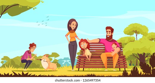 Family active holidays parents kids and dog in summer park on blue sky background cartoon vector illustration