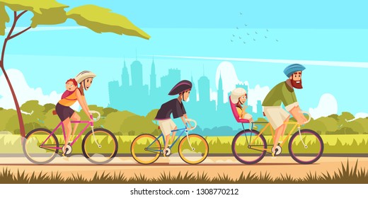 Family active holidays parents and kids during bicycle ride on  background of city silhouettes cartoon vector illustration