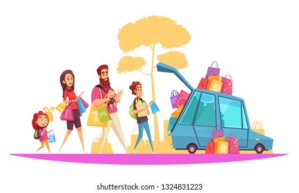 Family active holidays parents and kids during car loading by purchases cartoon vector illustration