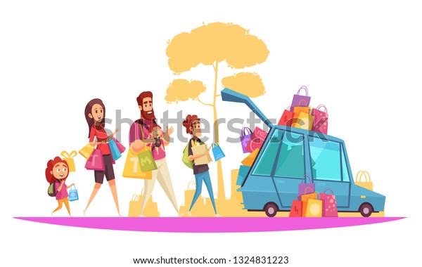 Family active holidays\
parents and kids during car loading by purchases cartoon vector\
illustration