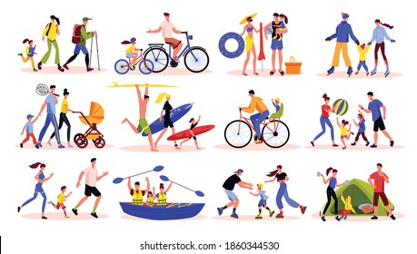 Family active holidays set of isolated sport equipment icons and human characters of adults with children vector illustration